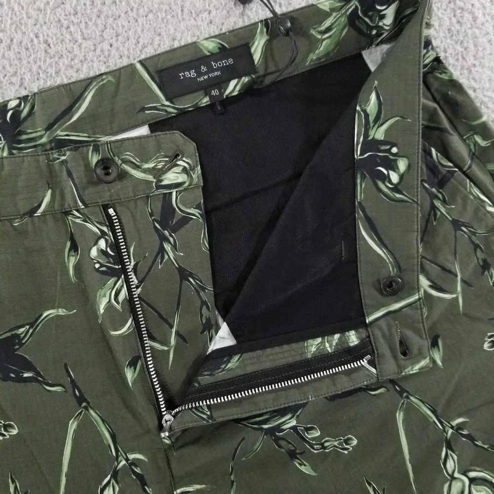 Rag & Bone Shorts Mens 40 Green Army Floral Ripstop Chino Perry Flat Front Zip